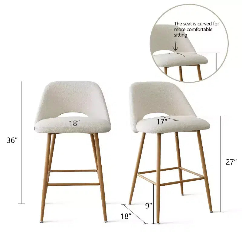 Set di 4 Sgabelli da Bar con Schienale in Bouclé, Altezza Bancone, Sgabelli da Colazione da 27" in Stile Moderno di Metà Secolo con Gambe in Metallo Effetto Legno - Panipeachy