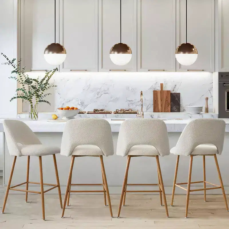 Set of 4 Boucle Counter Height Bar Stools with Backs, 27 Mid-Century Modern Breakfast Bar Chairs with Faux Wood Metal Legs - Panipeachy
