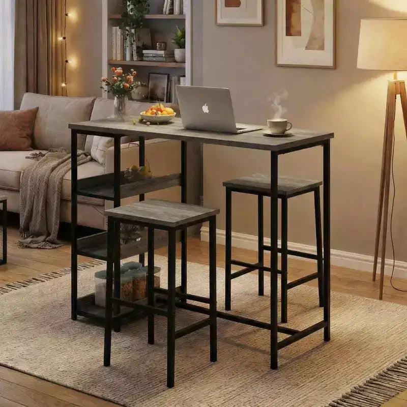 Set da Tavolo da Cucina da 3 Pezzi con Scaffali Contenitori e 2 Sgabelli da Bar - Tavolo da Pranzo in Ferro e Legno per Piccoli Spazi, Appartamenti
