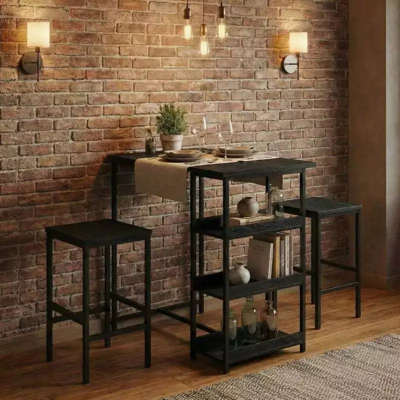 Set da Tavolo da Cucina da 3 Pezzi con Scaffali Contenitori e 2 Sgabelli da Bar - Tavolo da Pranzo in Ferro e Legno per Piccoli Spazi, Appartamenti