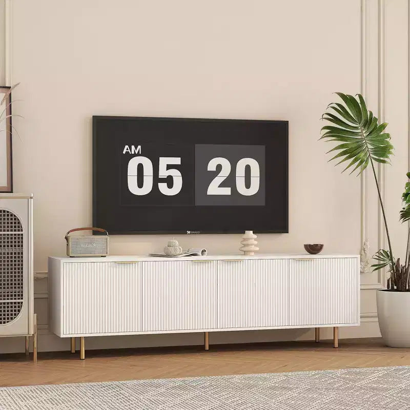 JVNOXK Mobile TV moderno da 68 pollici con scanalature, ante contenitore e ripiani multimediali, adatto per TV da 55 pollici e oltre, ideale per soggiorni, colore bianco