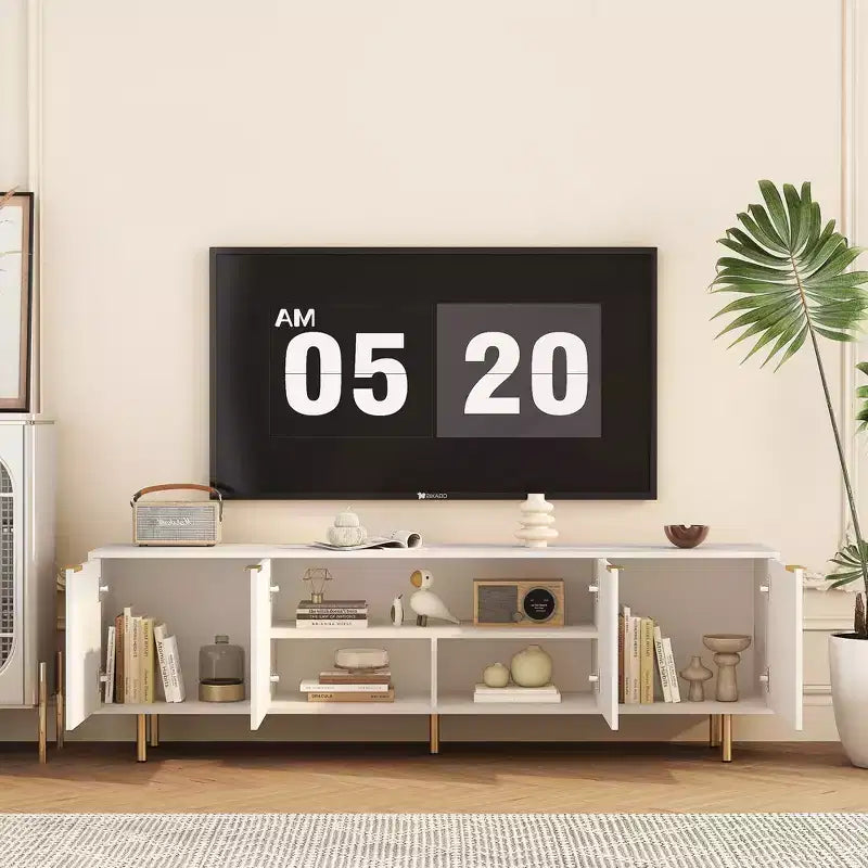 JVNOXK Mobile TV moderno da 68 pollici con scanalature, ante contenitore e ripiani multimediali, adatto per TV da 55 pollici e oltre, ideale per soggiorni, colore bianco