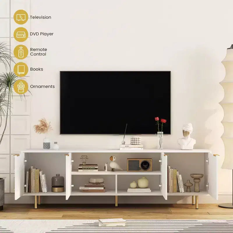 JVNOXK Mobile TV moderno da 68 pollici con scanalature, ante contenitore e ripiani multimediali, adatto per TV da 55 pollici e oltre, ideale per soggiorni, colore bianco