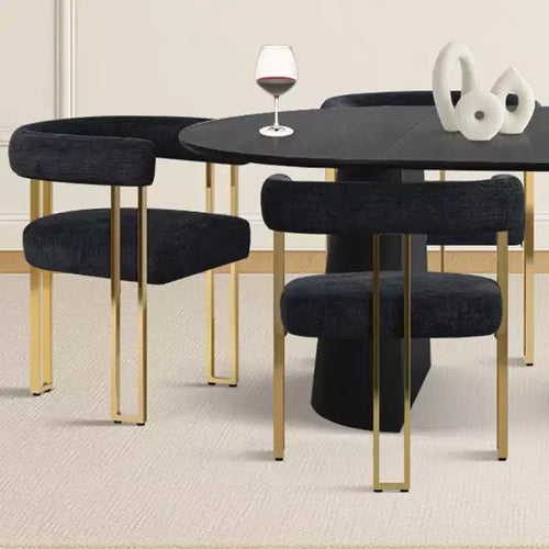 Set da pranzo estensibile 47-83 per 6 persone, tavolo nero e poltrone in ciniglia con gambe in metallo dorato, perfetto per spazi pranzo moderni-Panipeachy