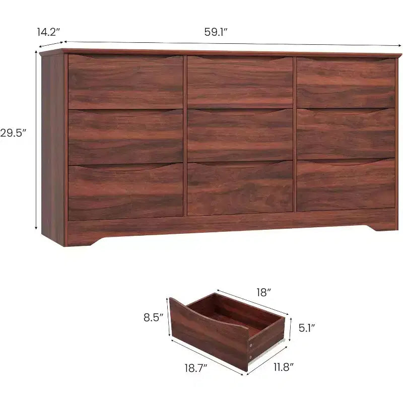 Comò in Legno a 9 Cassetti, Armadio Alto con Contenitori Profondi, Cassettiera Grande con Piano Largo, Comò Contenitore Lungo per Camera da Letto, Soggiorno
