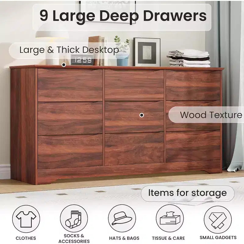 Comò in Legno a 9 Cassetti, Armadio Alto con Contenitori Profondi, Cassettiera Grande con Piano Largo, Comò Contenitore Lungo per Camera da Letto, Soggiorno
