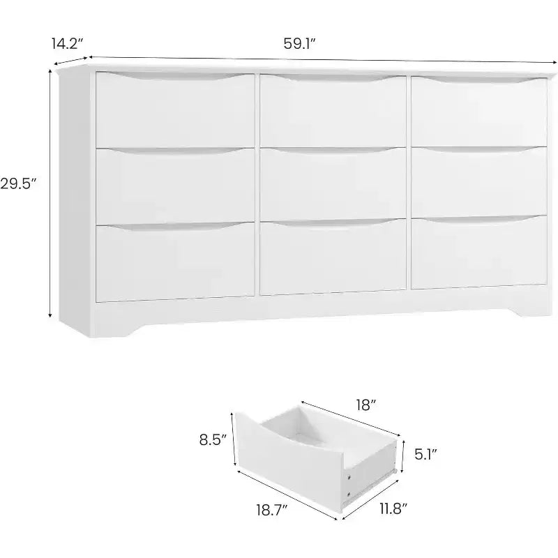 Comò in Legno a 9 Cassetti, Armadio Alto con Contenitori Profondi, Cassettiera Grande con Piano Largo, Comò Contenitore Lungo per Camera da Letto, Soggiorno