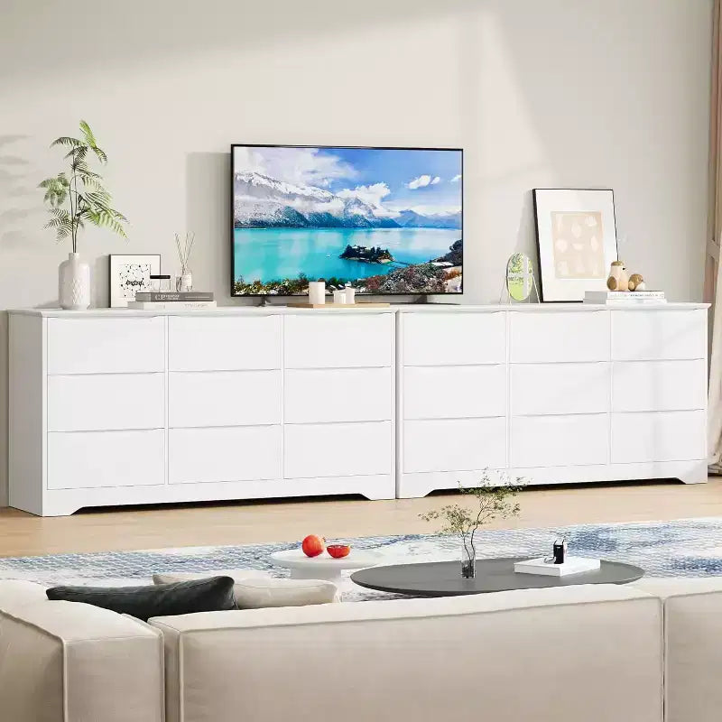 Comò in Legno a 9 Cassetti, Armadio Alto con Contenitori Profondi, Cassettiera Grande con Piano Largo, Comò Contenitore Lungo per Camera da Letto, Soggiorno