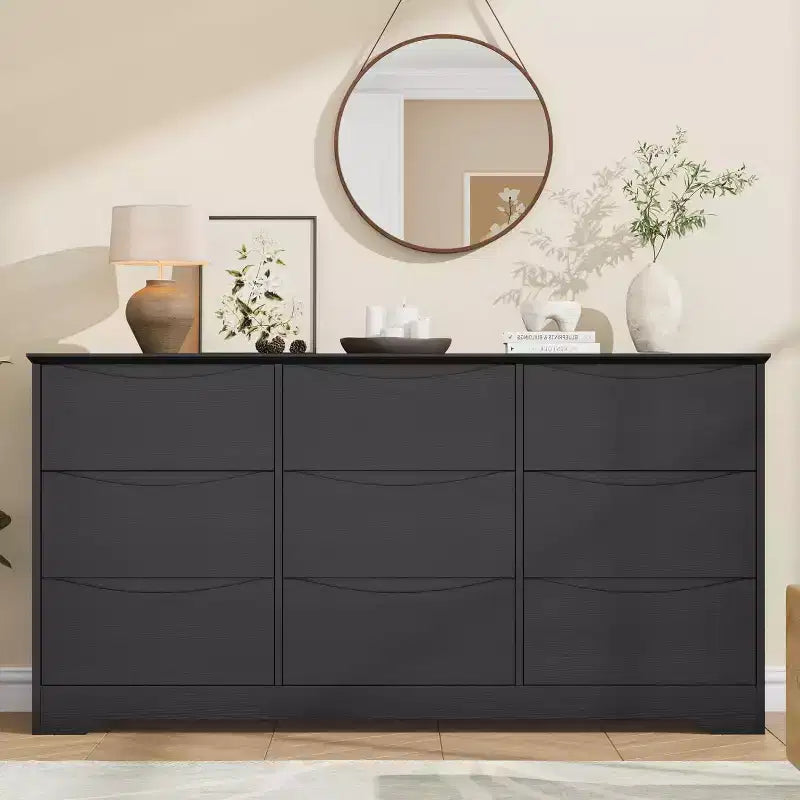 Comò in Legno a 9 Cassetti, Armadio Alto con Contenitori Profondi, Cassettiera Grande con Piano Largo, Comò Contenitore Lungo per Camera da Letto, Soggiorno