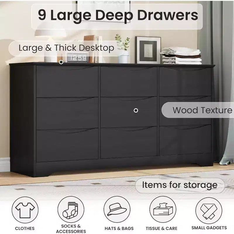 Comò in Legno a 9 Cassetti, Armadio Alto con Contenitori Profondi, Cassettiera Grande con Piano Largo, Comò Contenitore Lungo per Camera da Letto, Soggiorno