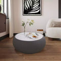 Drum-Shaped Leather Coffee Table with Sintered Stone Top and Grey Pattern