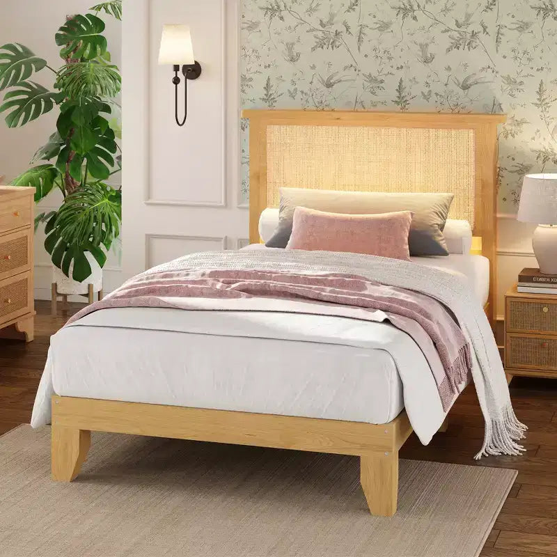 Struttura Letto in Rattan, Testiera Contenitore Naturale con Luci, Piedi di Supporto in Legno e Doghe Silenziose, Nessuna Rete a Molle, Silenzioso, Facile Montaggio