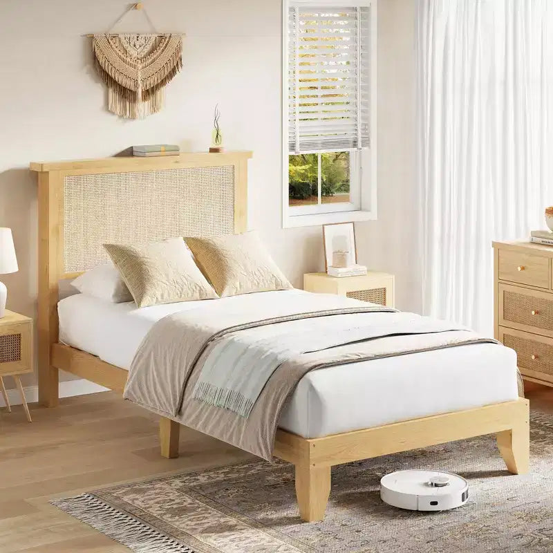 Struttura Letto in Rattan, Testiera Contenitore Naturale con Luci, Piedi di Supporto in Legno e Doghe Silenziose, Nessuna Rete a Molle, Silenzioso, Facile Montaggio