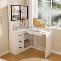 JVNOXK Computer desk with glass cabinet and built-in LED lighting, L-shaped corner desk, featuring USB charging ports and keyboard tray, white