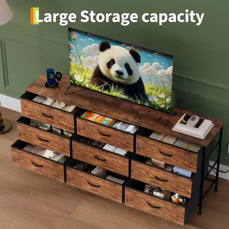 Mobile TV da 63 pollici con 9 cassetti portaoggetti, consolle TV con piano in legno e mobile d'appoggio per TV fino a 75 pollici