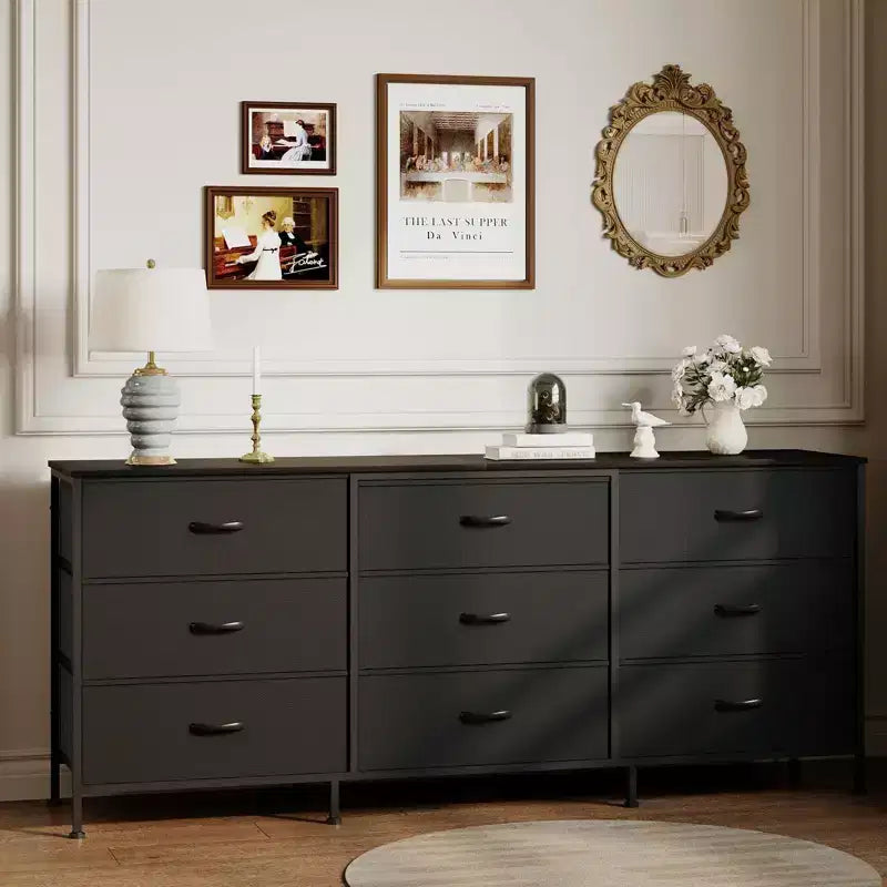 63 Media Entertainment Center with 9 Storage Drawers, Wood Top TV Console & Accent Cabinet for TVs up to 75