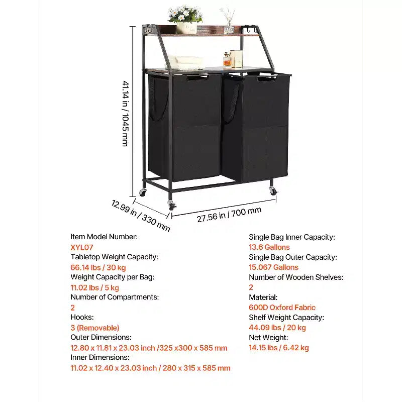 VEVOR Sorter Lavanderia a 2 Livelli, Cesto Portabiancheria Alto con Struttura in Metallo e Piano in Legno, Organizer Portabiancheria a 2 Sezioni su Ruote, Nero