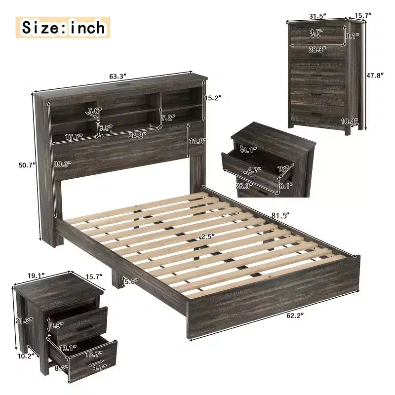Set camera da letto Whisen 4 pezzi, letto matrimoniale con testiera contenitore, 2 comodini e 1 cassettiera