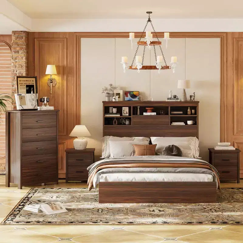 Set camera da letto Whisen 4 pezzi, letto matrimoniale con testiera contenitore, 2 comodini e 1 cassettiera