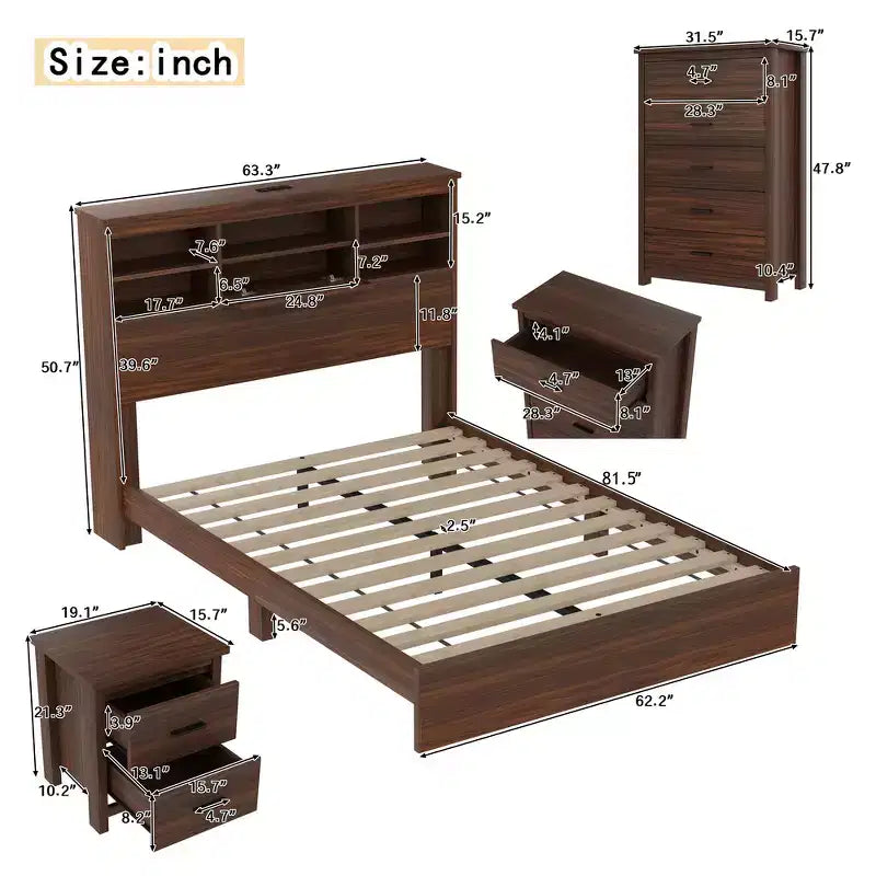 Set camera da letto Whisen 4 pezzi, letto matrimoniale con testiera contenitore, 2 comodini e 1 cassettiera