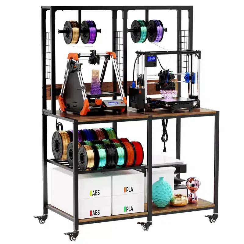 Dual 3D Printer Stand with Filament Storage, Mobile 3D Printer Table Workbench with Power Outlet, T-Type Filament Holder for Studio Garage Office
