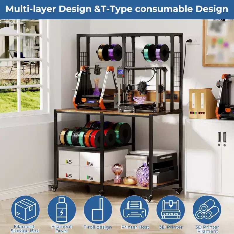 Doppio supporto per stampante 3D con contenitore per filamento, tavolo da lavoro mobile per stampante 3D con presa di corrente, supporto per filamento a T per studio, garage, ufficio