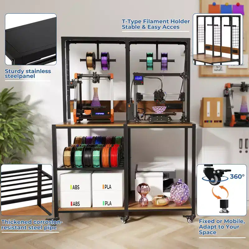 Doppio supporto per stampante 3D con contenitore per filamento, tavolo da lavoro mobile per stampante 3D con presa di corrente, supporto per filamento a T per studio, garage, ufficio