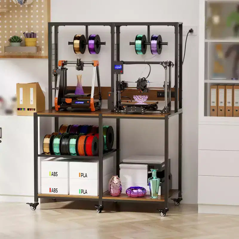 Doppio supporto per stampante 3D con contenitore per filamento, tavolo da lavoro mobile per stampante 3D con presa di corrente, supporto per filamento a T per studio, garage, ufficio