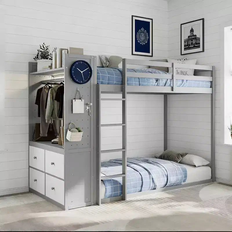 Letto a castello Luxystar Twin su Twin con cassettiera illuminata, appendiabiti e cassetti portaoggetti