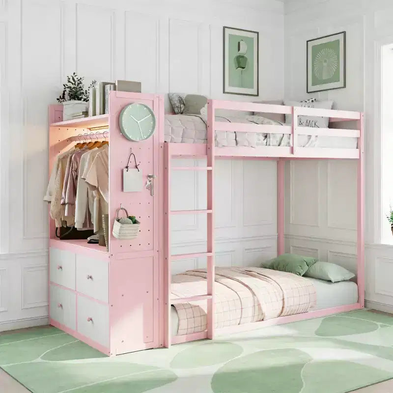 Letto a castello Luxystar Twin su Twin con cassettiera illuminata, appendiabiti e cassetti portaoggetti
