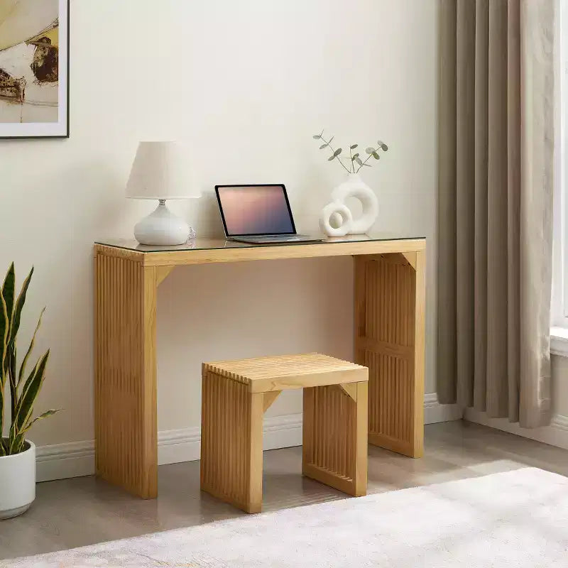 JVNOXK Set tavolo da pranzo e panca in legno di pino naturale con piano in vetro temperato, mobili da interno versatili per ingresso, cucina, soggiorno