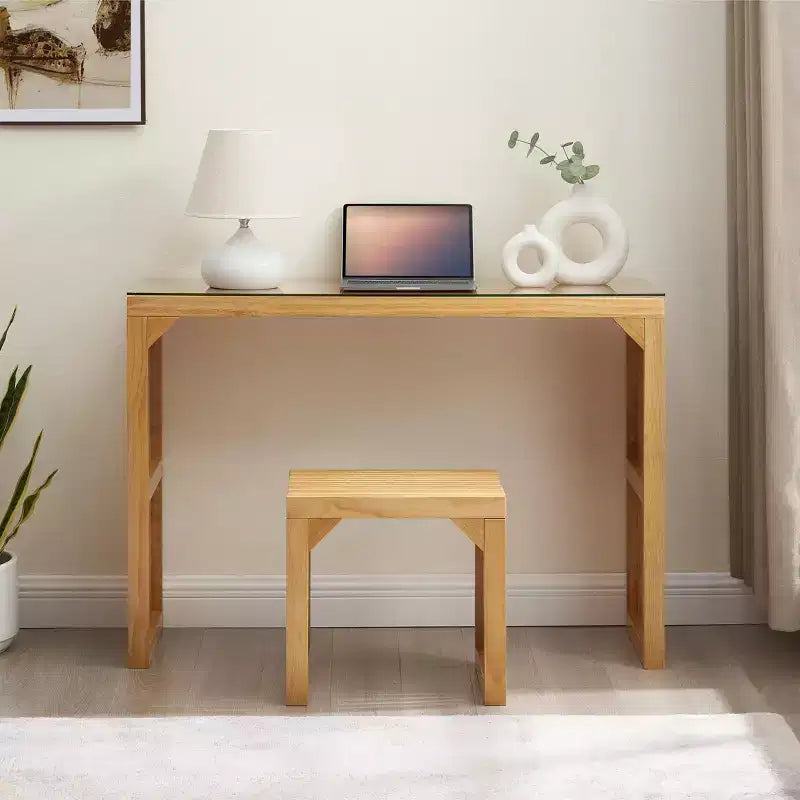 JVNOXK Set tavolo da pranzo e panca in legno di pino naturale con piano in vetro temperato, mobili da interno versatili per ingresso, cucina, soggiorno