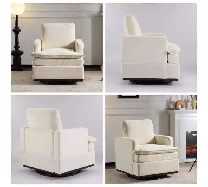 Poltrona imbottita moderna e comoda Karl Home con cuscino per lo schienale, poltrona girevole a barilotto quadrata a 360 gradi per soggiorno, beige