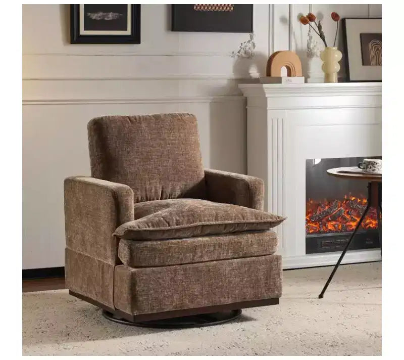 Poltrona imbottita moderna e comoda Karl Home con cuscino per lo schienale, poltrona girevole a barilotto quadrata a 360 gradi per soggiorno, beige