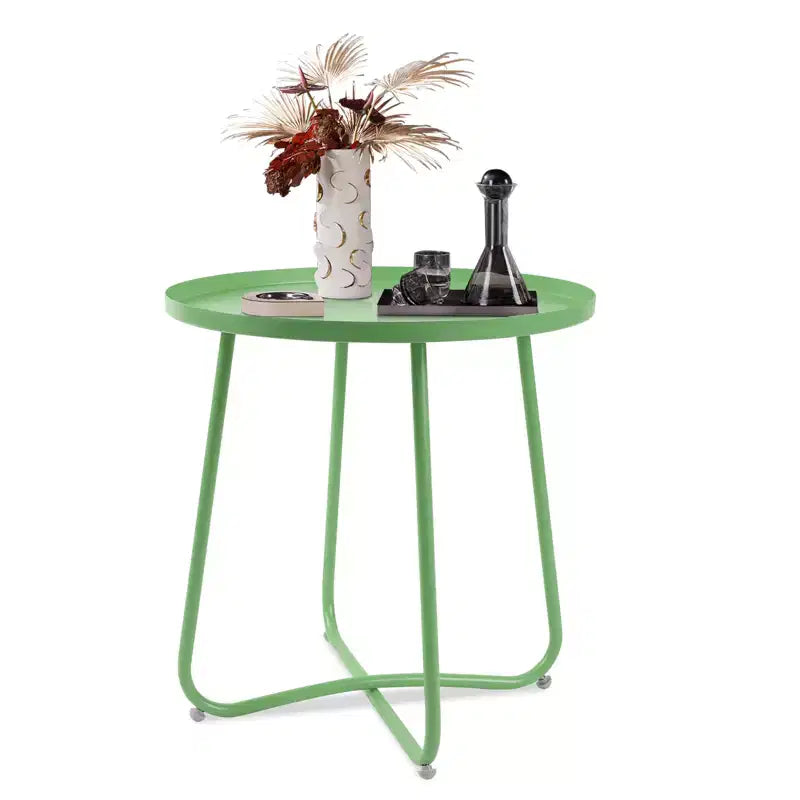 Tavolino da esterno rotondo ModernLuxe, tavolino con struttura antiruggine a forma di X e piano antiscivolo