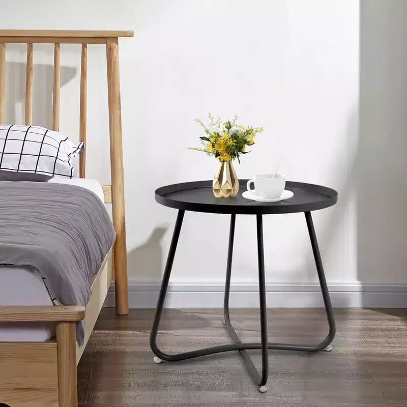 Tavolino da esterno rotondo ModernLuxe, tavolino con struttura antiruggine a forma di X e piano antiscivolo