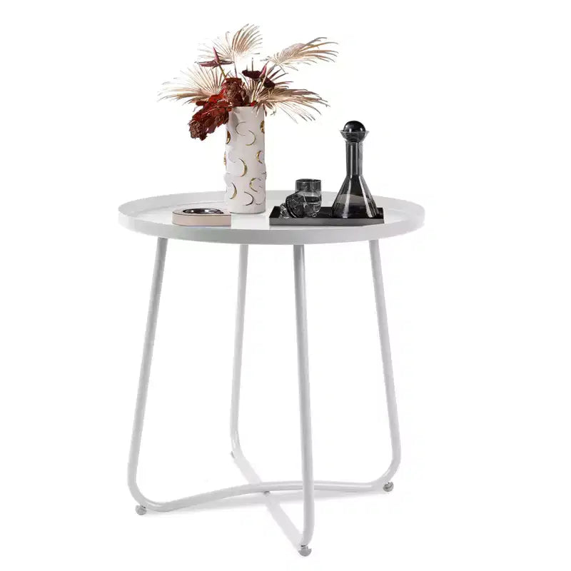Tavolino da esterno rotondo ModernLuxe, tavolino con struttura antiruggine a forma di X e piano antiscivolo