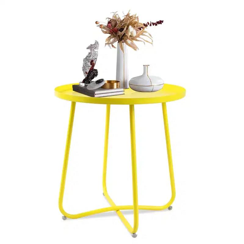 Tavolino da esterno rotondo ModernLuxe, tavolino con struttura antiruggine a forma di X e piano antiscivolo