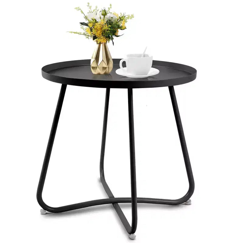 Tavolino da esterno rotondo ModernLuxe, tavolino con struttura antiruggine a forma di X e piano antiscivolo