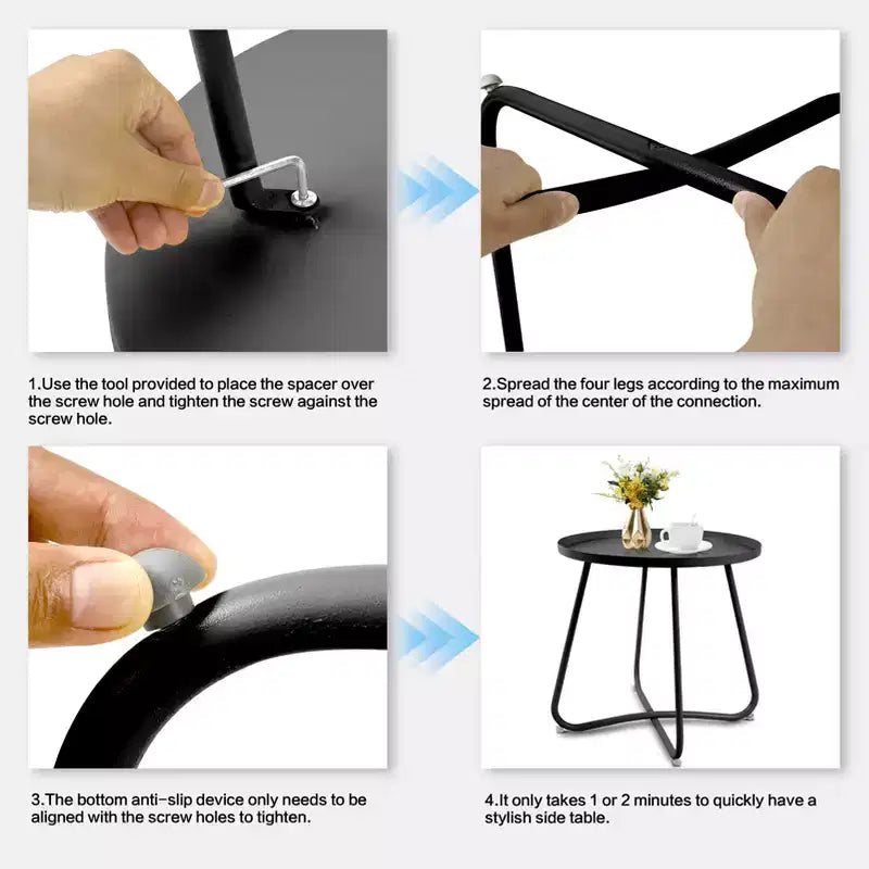 Tavolino da esterno rotondo ModernLuxe, tavolino con struttura antiruggine a forma di X e piano antiscivolo