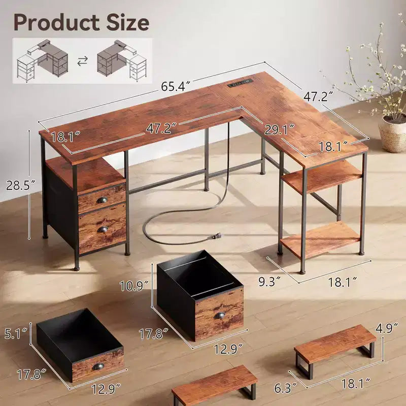 Scrivania ad angolo a L per computer da 168 cm, marrone, con stazione di ricarica, reversibile, per gaming, con schedario, supporto monitor, spazio di archiviazione, workstation per ufficio domestico