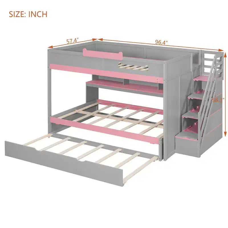 Letto a castello full over full Luxystar con scale contenitore, libreria illuminata regolabile e letto estraibile a scomparsa