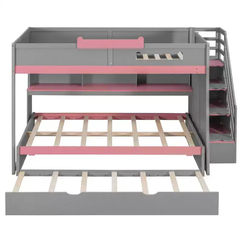 Letto a castello full over full Luxystar con scale contenitore, libreria illuminata regolabile e letto estraibile a scomparsa