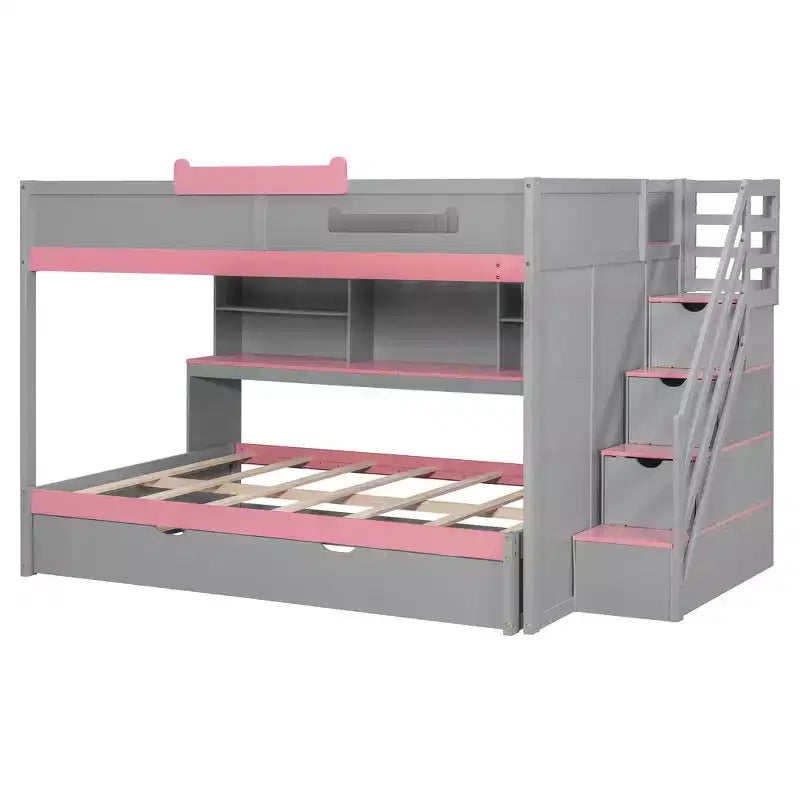 Letto a castello full over full Luxystar con scale contenitore, libreria illuminata regolabile e letto estraibile a scomparsa