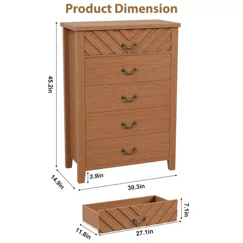 Cassettiera a 5 cassetti per camera da letto, cassettiera alta 114 cm con design a V, comodino moderno in legno per soggiorno, ingresso, cameretta