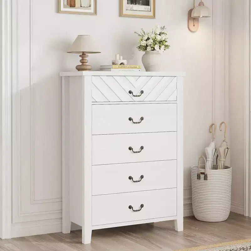 Cassettiera a 5 cassetti per camera da letto, cassettiera alta 114 cm con design a V, comodino moderno in legno per soggiorno, ingresso, cameretta