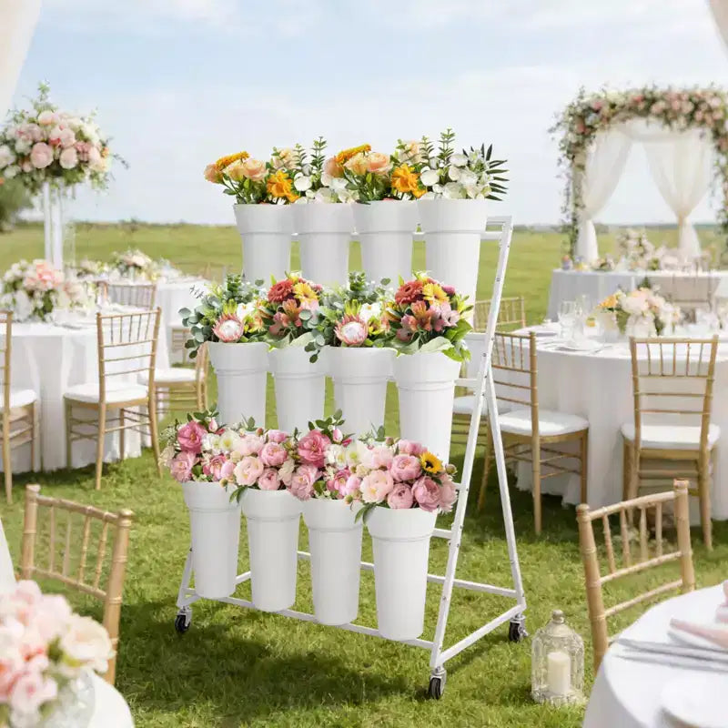Coolmee Espositore per Fiori, Carretto per Fiori a 3 Livelli con 12 Secchi Rotondi e Ruote, Espositore Mobile per Fiori per Giardino, Matrimoni, Fiorai