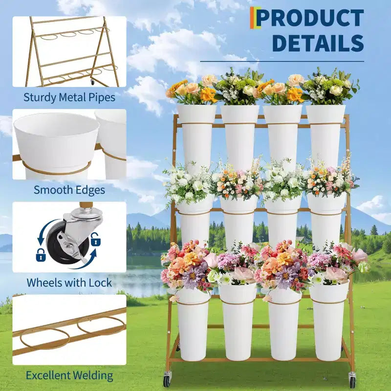 Coolmee Espositore per Fiori, Carretto per Fiori a 3 Livelli con 12 Secchi Rotondi e Ruote, Espositore Mobile per Fiori per Giardino, Matrimoni, Fiorai
