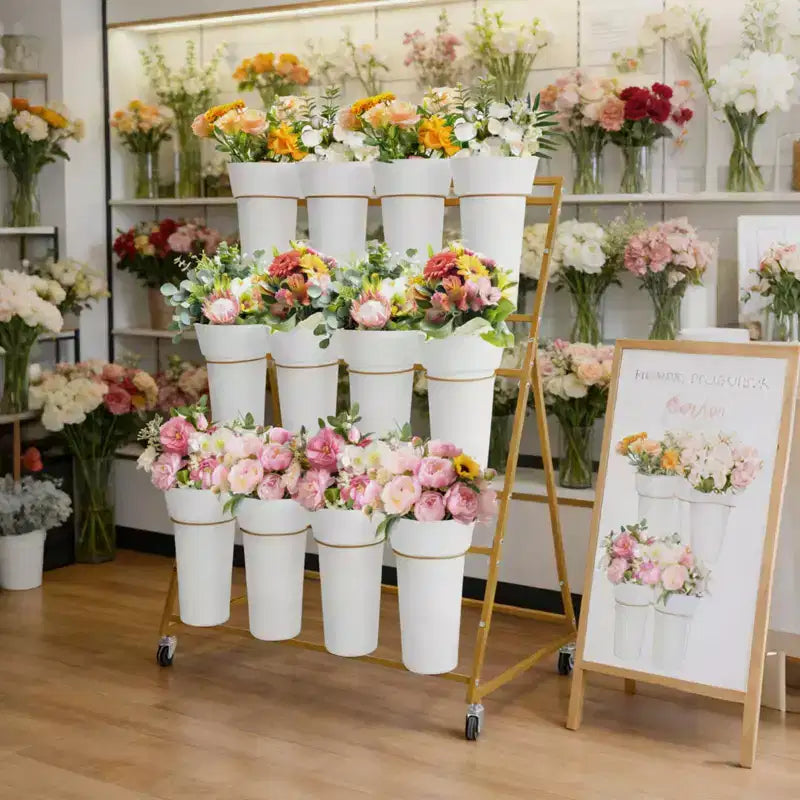 Coolmee Espositore per Fiori, Carretto per Fiori a 3 Livelli con 12 Secchi Rotondi e Ruote, Espositore Mobile per Fiori per Giardino, Matrimoni, Fiorai