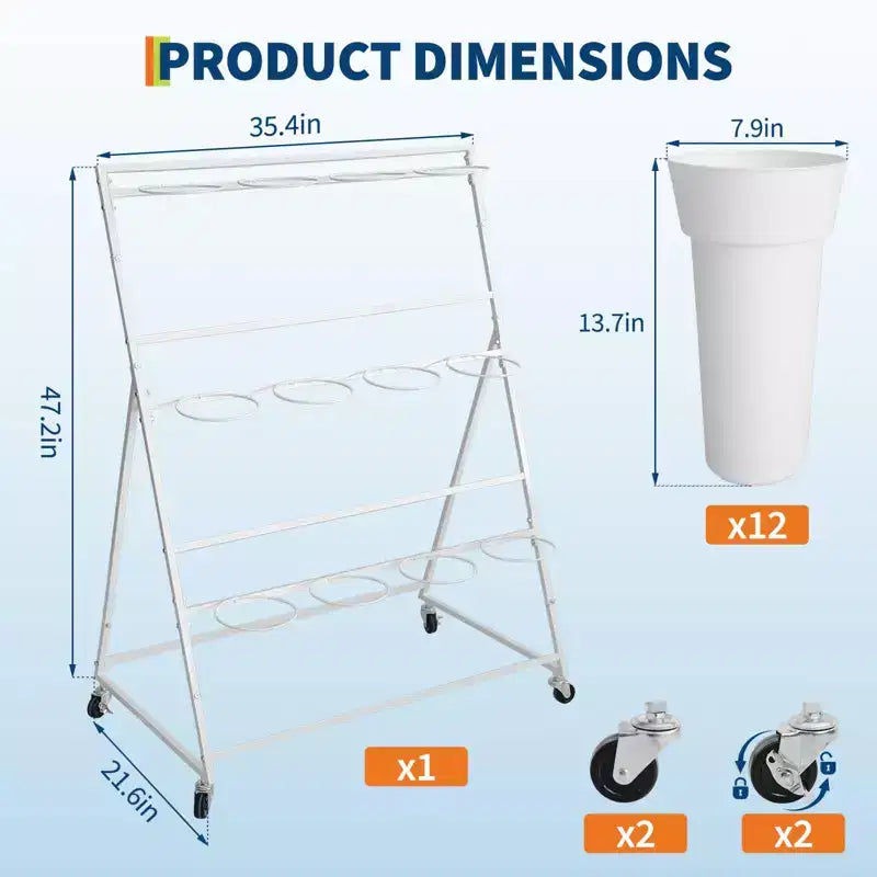 Coolmee Espositore per Fiori, Carretto per Fiori a 3 Livelli con 12 Secchi Rotondi e Ruote, Espositore Mobile per Fiori per Giardino, Matrimoni, Fiorai